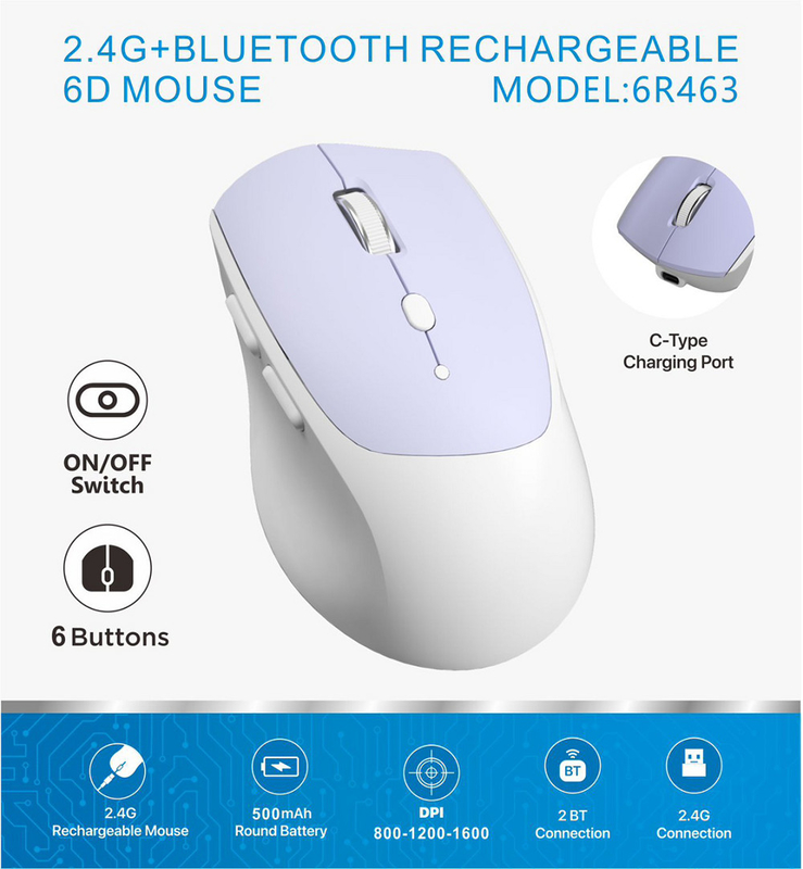6D, 2.4G σύνδεση, 800-1600 DPI, 500mAh στρογγυλή μπαταρία, Type-C διεπαφή.