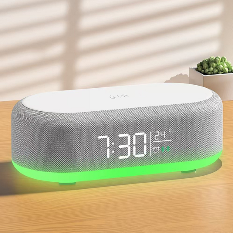 Ηχείο ETEK Bluetooth 5.3 πολλαπλών λειτουργιών με οθόνη θερμοκρασίας, ρολόι, μπαταρία 1200mAh, ασύρματη φόρτιση 15W, οδηγός 52mm 5W.