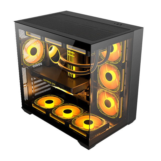 Υποστηρίζει μητρικές πλακέτες EATX/ATX/Micro-ATX/Mini-ITX/BTF με 0,6mm SPCC χάλυβα και διπλό πλευρικό θραυσμένο γυαλί