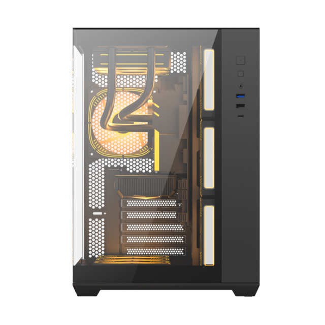 Υποστηρίζει μητρικές πλακέτες EATX/ATX/Micro-ATX/Mini-ITX/BTF με 0,6mm SPCC χάλυβα και διπλό πλευρικό θραυσμένο γυαλί