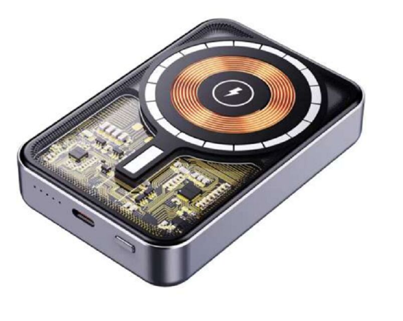 10000mAh Διαφανής Mecha Power Bank 22,5W Wired + 15W MagSafe-Compatible Μαγνητική ασύρματη φόρτιση, Πυροσβεστικό, βάση από κράμα αλ, 94×63×17.5mm