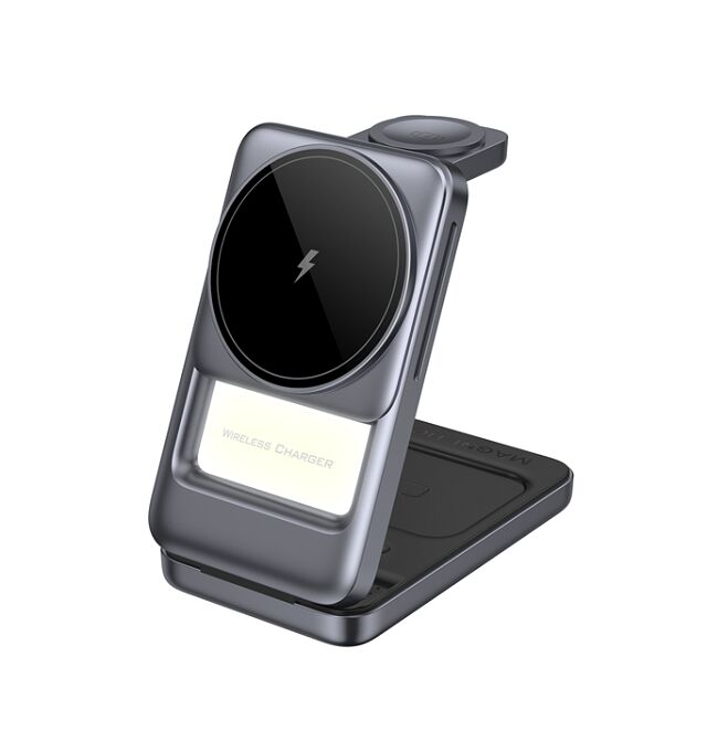 Δυνατό να αναδιπλωθεί ασύρματο φορτιστή 3 σε 1, Μπλε/Γκρι, Ασημένιο/Γκρι, πλαστικό+μεταλλικό, 15W τηλέφωνο, 2.5W ρολόι, 5W ακουστικά, νυχτερινό φως